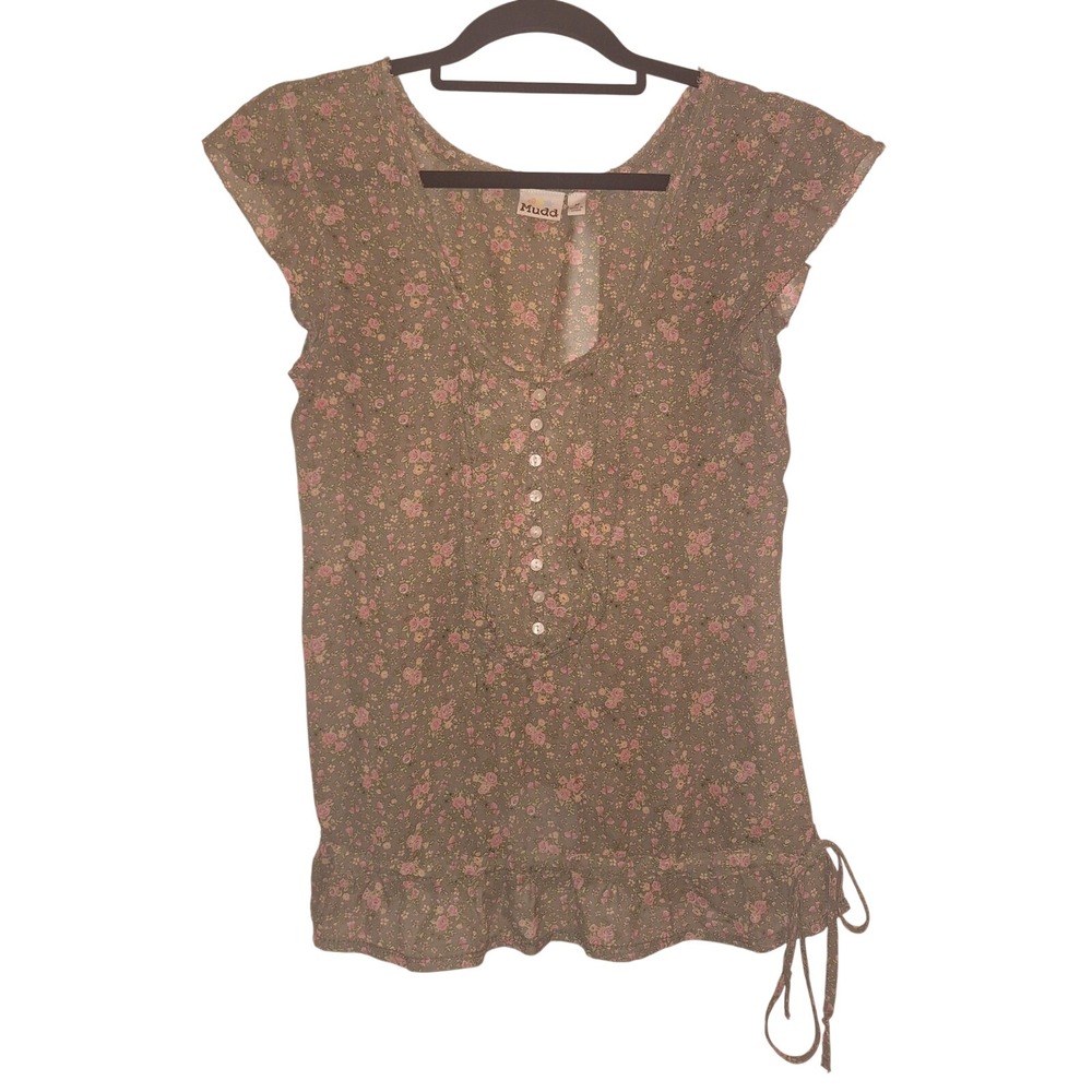 Y2K Mudd Floral Print Short Sleeve Button Front Ruffle‎ Tie Waist Top Womens M